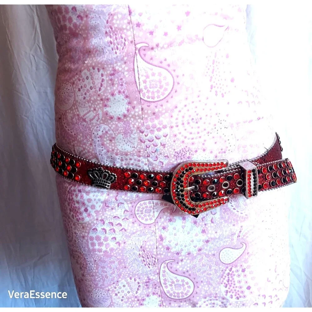 DNA PREMIUM WEAR WESTERN BELT RED BLACK RHINESTONE SILVER & GLITTER ACCENTS 43